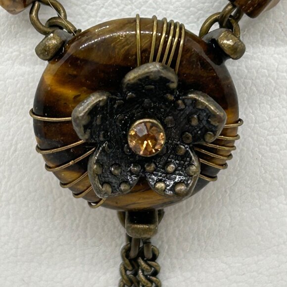 Avon Tiger Eye Necklace Dangle Floral  Vintage Brass-tone up to 19 inches - Picture 4 of 15